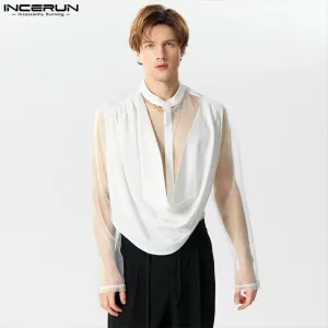 مجموعة اروين التجارية ARWEN&AJH GROUP  2024 European  2024 Men's Irregular Shirt Mesh Patchwork Stand Collar  Long Sleeve  Transparent Fashion Men Clothing