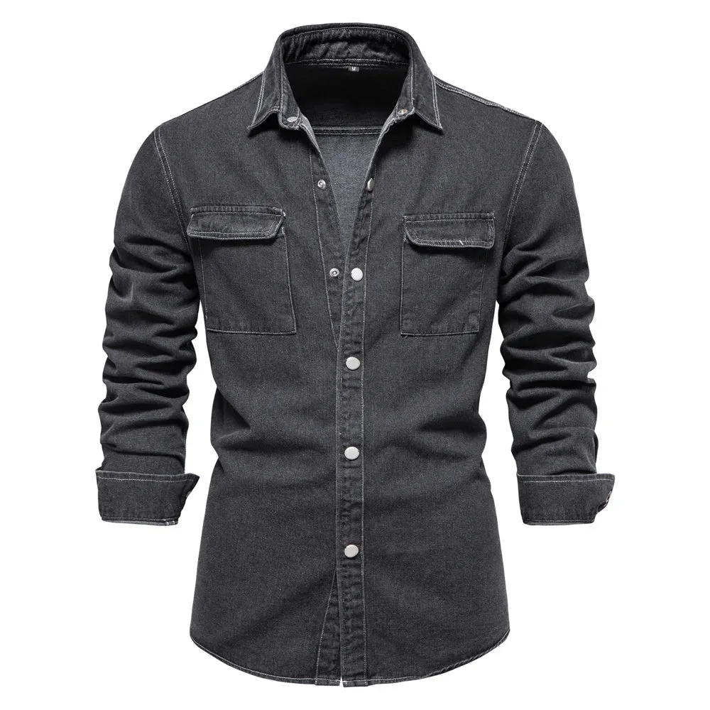 100% Cotton Men Denim Shirts Solid Color Double Pocket Casual Long Sleeve Shirts for Men Autumn Thick Cowboy Shirts Men