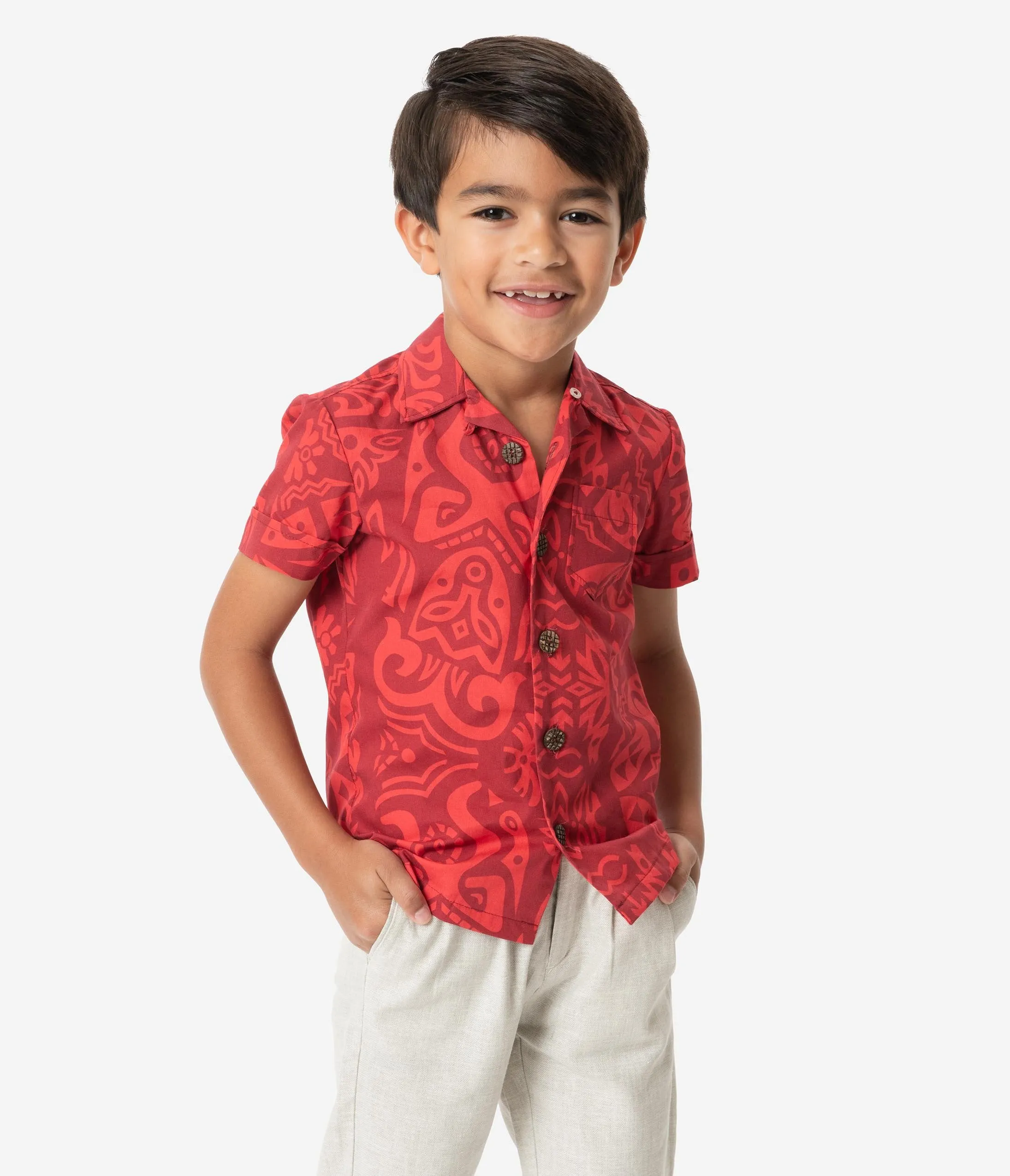 Alfred Shaheen Red Tiki Pareau Print Kahuna Boys Shirt