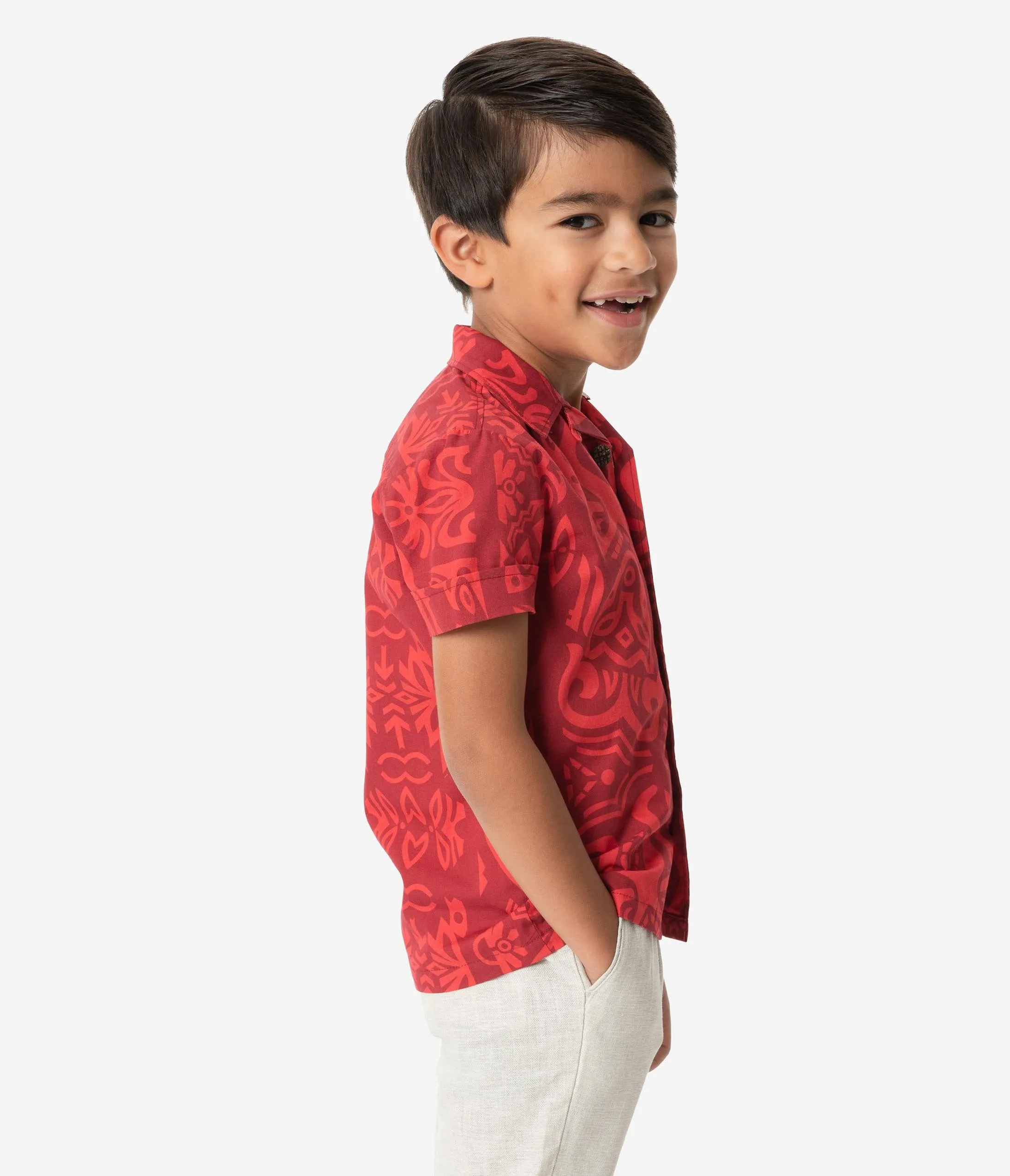 Alfred Shaheen Red Tiki Pareau Print Kahuna Boys Shirt