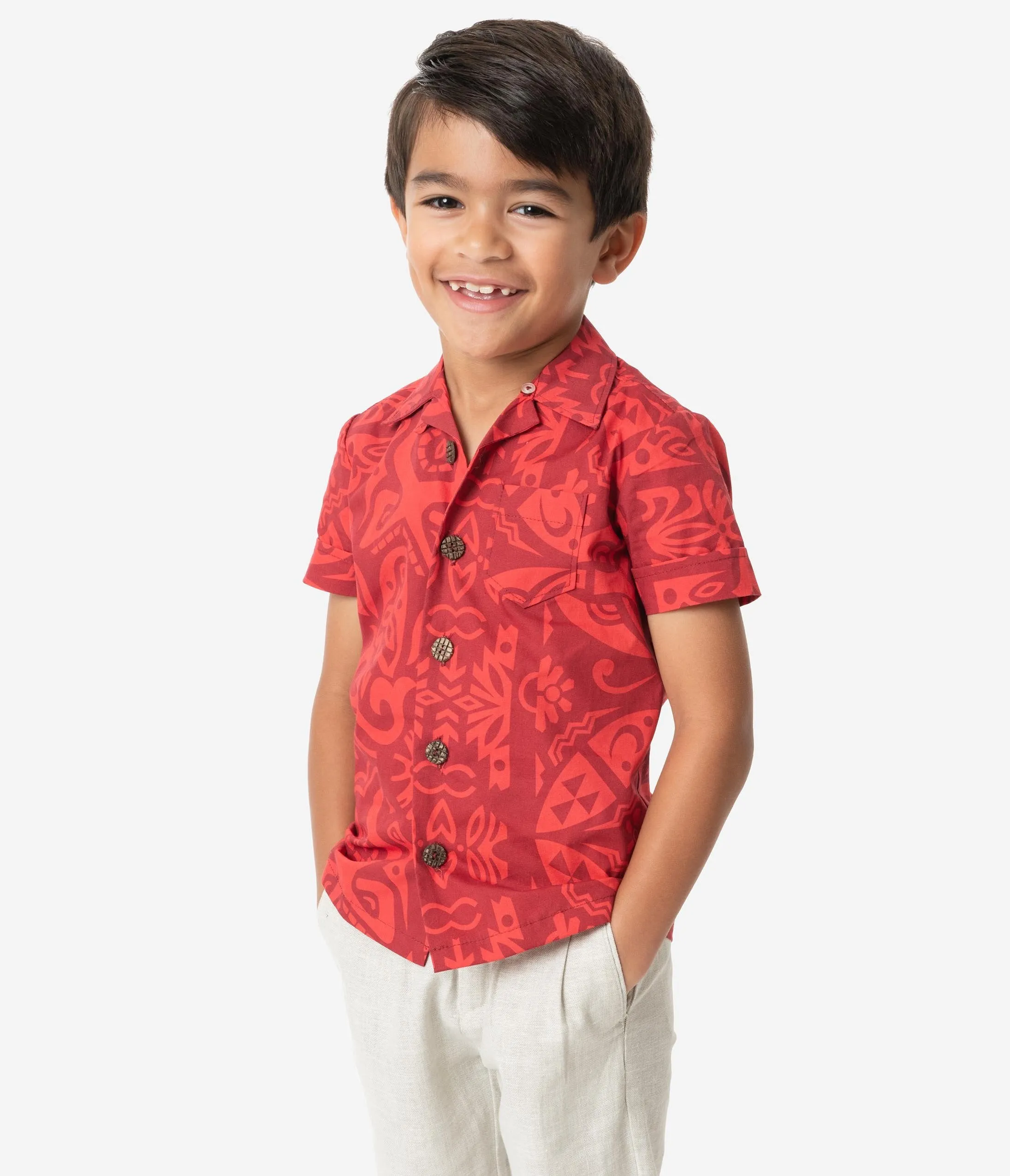 Alfred Shaheen Red Tiki Pareau Print Kahuna Boys Shirt