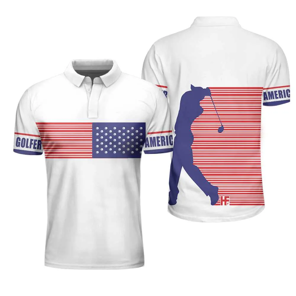 American Golfer Golfing Polo Shirt, Strips Barcode American Flag Polo Shirt, Patriotic Golf Shirt For Men Coolspod