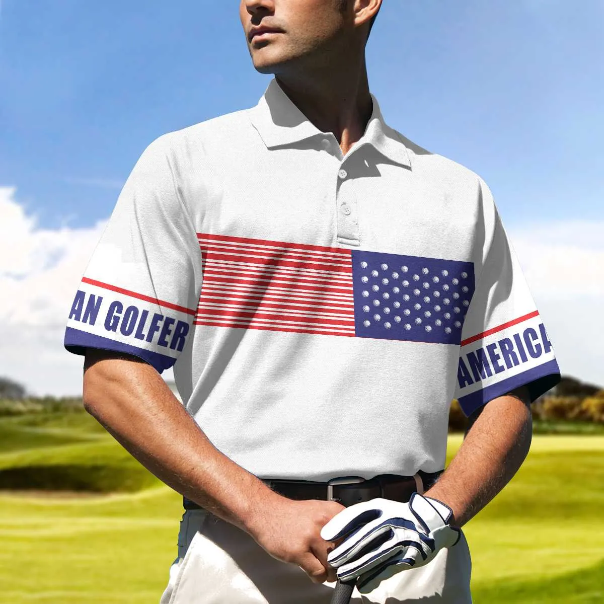 American Golfer Golfing Polo Shirt, Strips Barcode American Flag Polo Shirt, Patriotic Golf Shirt For Men Coolspod