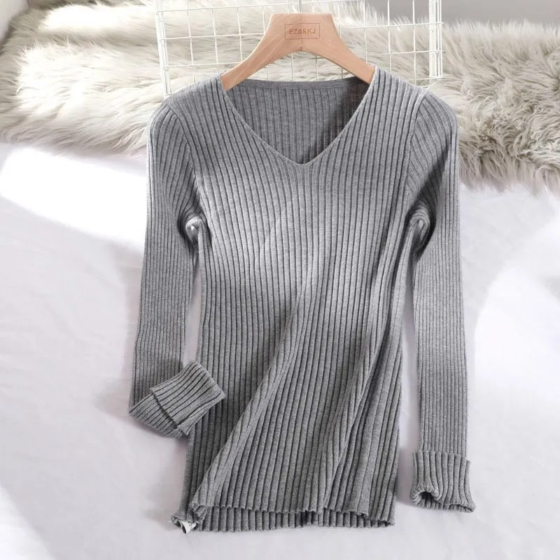 Basic V-neck Solid Sweater Pullover Women Female Knitted Sweater