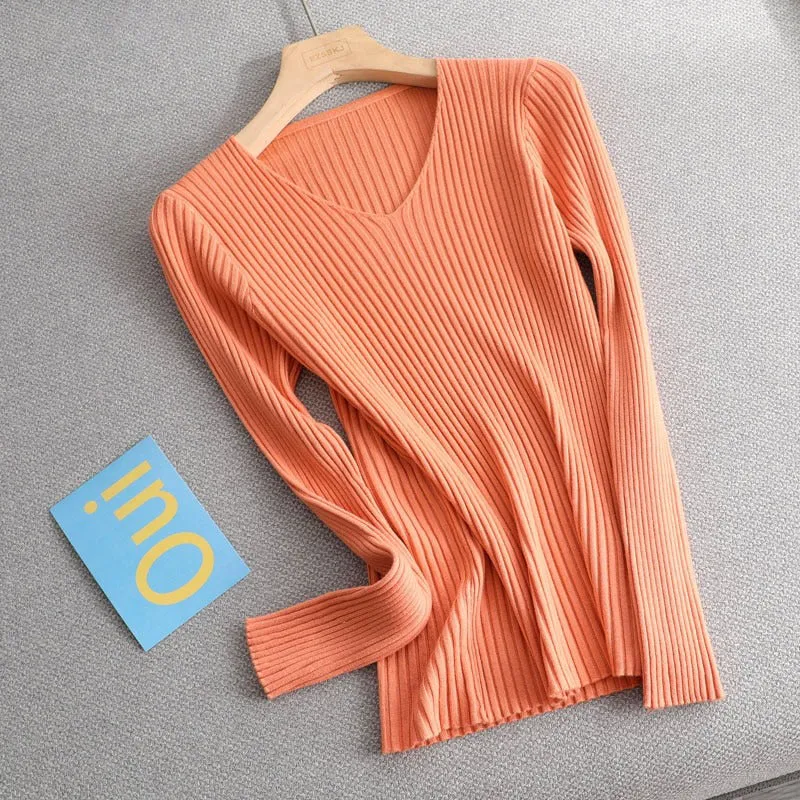 Basic V-neck Solid Sweater Pullover Women Female Knitted Sweater