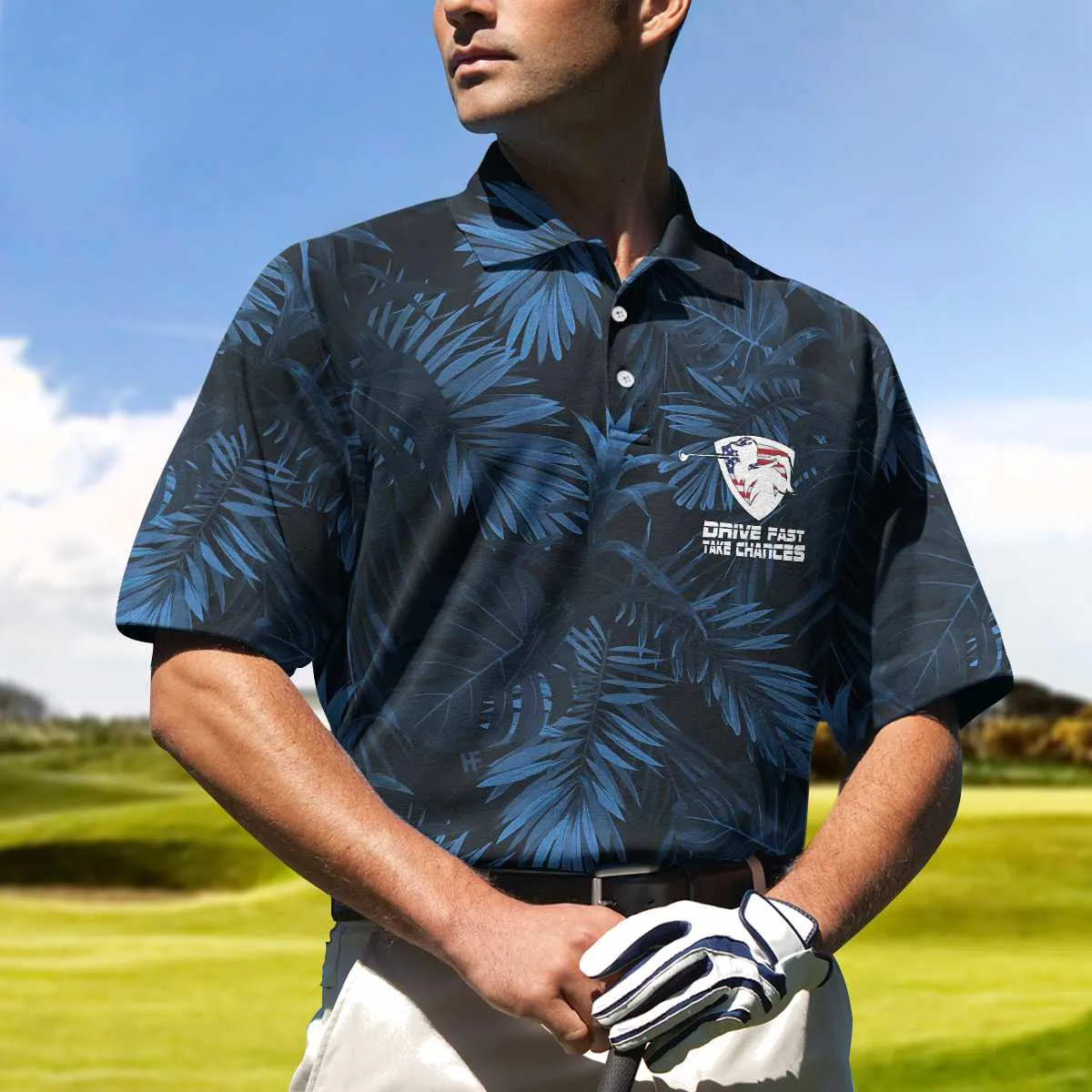 Black And Navy Blue Tropical Pattern Golf Player Polo Shirt, Golfing American Flag Polo Shirt, Best Golf Shirt For Men Coolspod