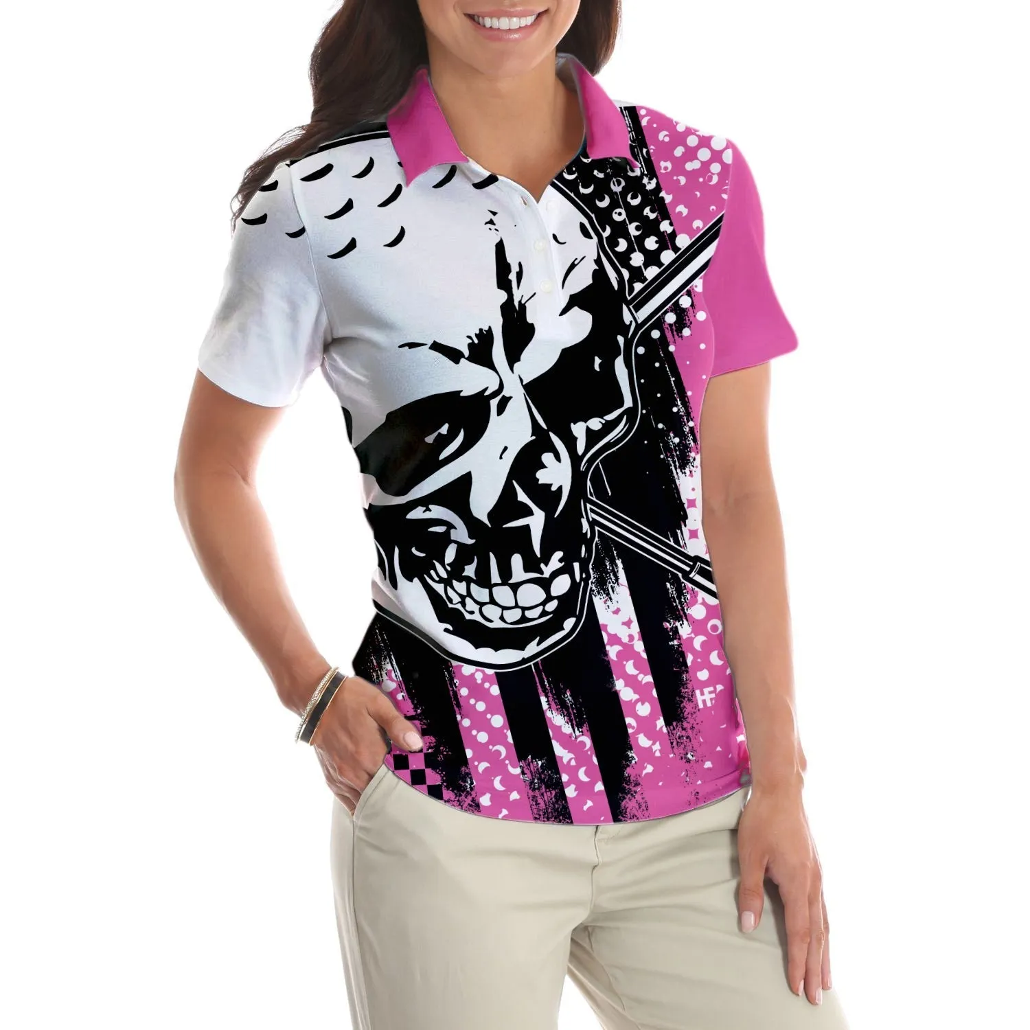 Blade Ladies Golf Pink Short Sleeve Women Polo Shirt, Skull Golf Shirt For Women, Unique Female Goff Gift