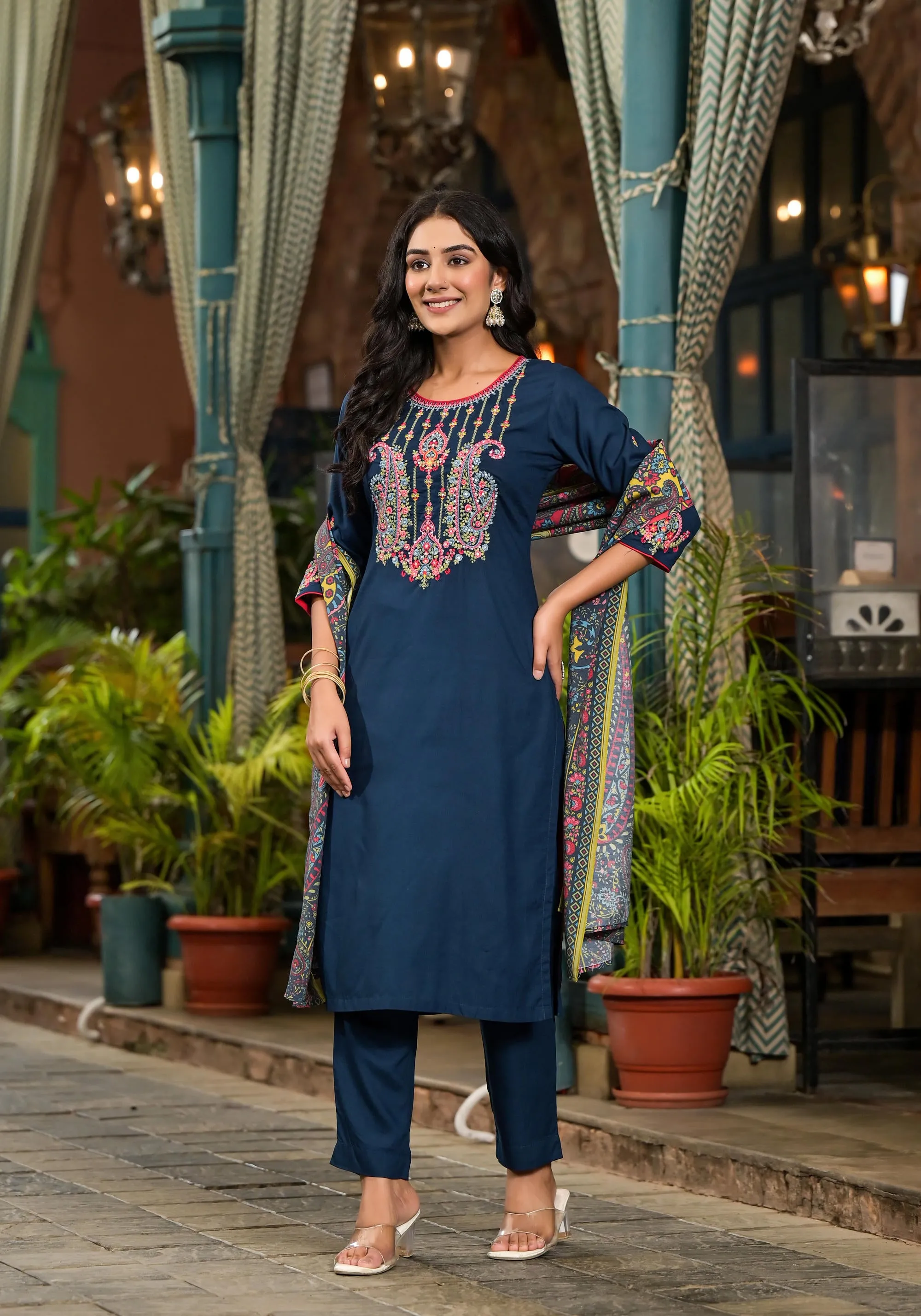 Blue Thread Embroidered Liva Rayon Kurta Pant And Dupatta Set With Sequins