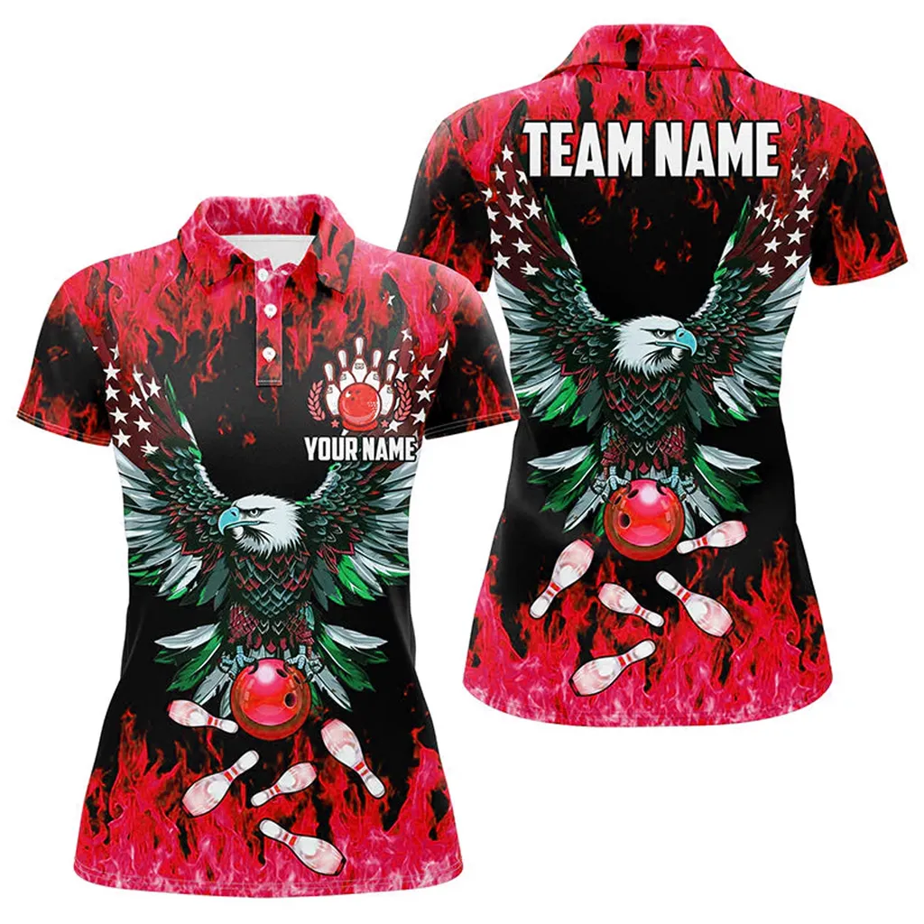 Bowling And Pins American Flag Eagle Multicolor Option Customized Name 3D Polo Shirt For Women