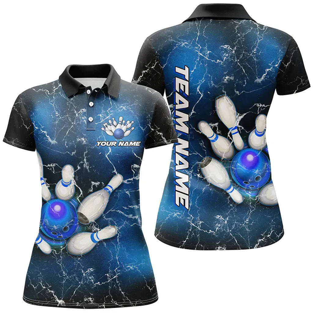 Bowling And Pins Lightning Thunder Multicolor Option Customized Name 3D Polo Shirt For Women