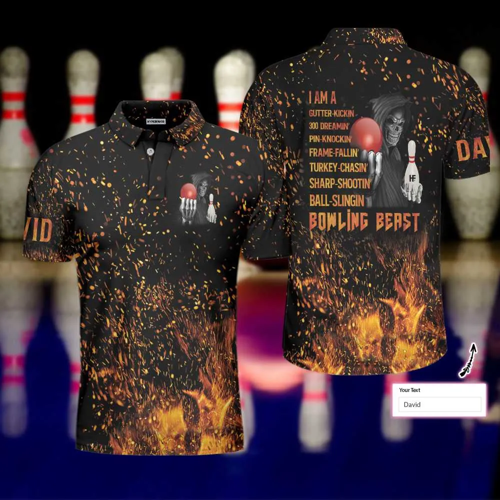 Bowling Beast Custom Polo Shirt, Flame Pattern Bowling Shirt For Men, Personalized Bowling Gift Idea Coolspod