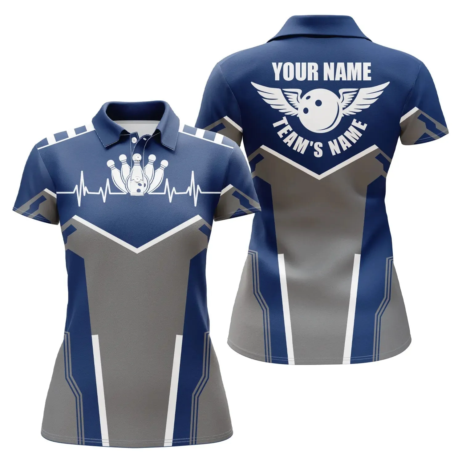 Bowling Shirts for Women Custom Name and Team Name Bowling Ball and Pins Heartbeat Women Polo Shirts