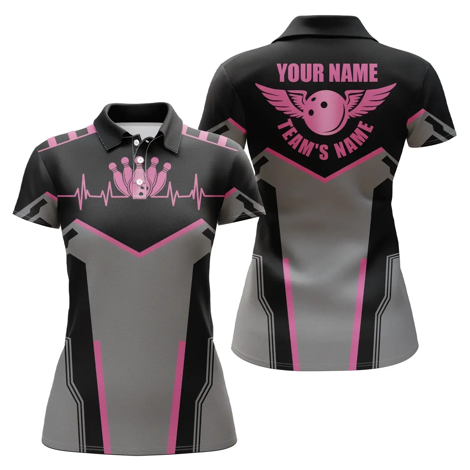 Bowling Shirts for Women Custom Name and Team Name Bowling Ball and Pins Heartbeat Women Polo Shirts