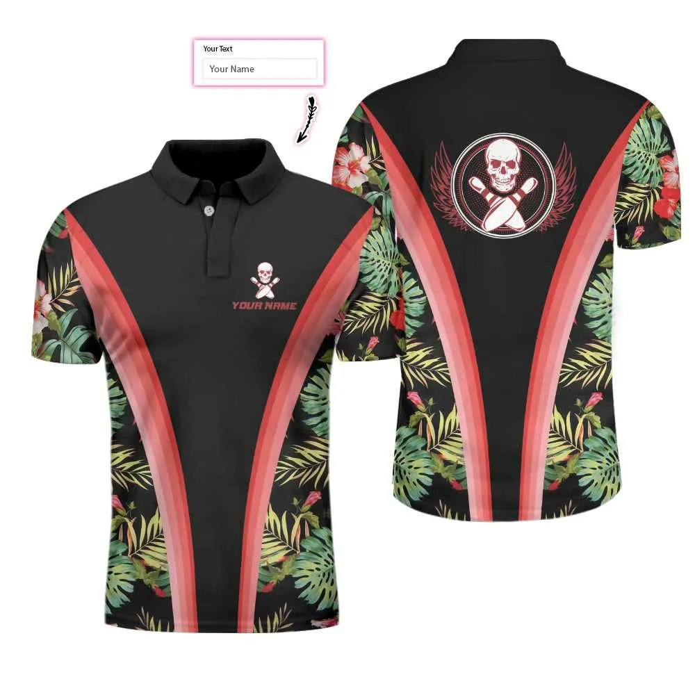 Bowling Skull Tropical Flower Custom Polo Shirt, Skull Floral Bowling Shirt For Bowlers, Cool Tropical Shirt Design Coolspod