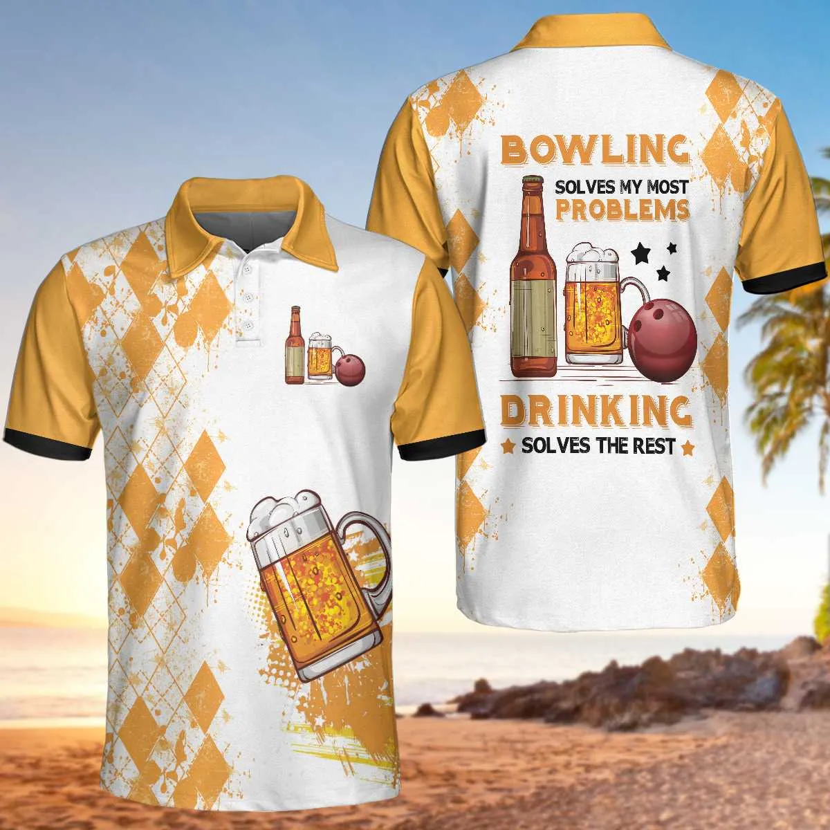 Bowling Solves My Most Problems Drinking Solves The Rest Polo Shirt, Argyle Pattern Beer Polo Shirt, Bowling Shirt For Men Coolspod