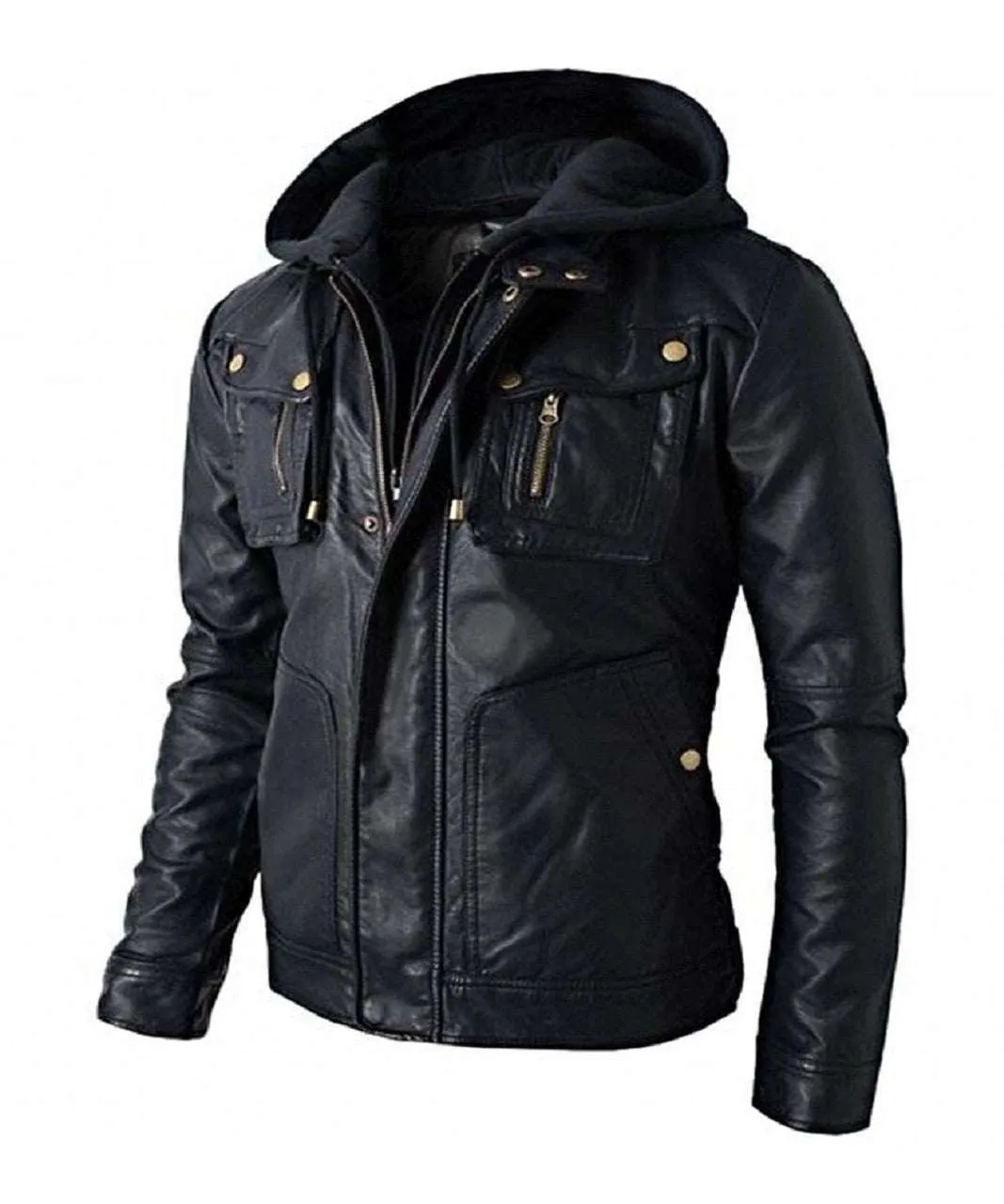 Brando Style Motorbike Leather Jacket Hoodie with Skull Embossed Logo at Back