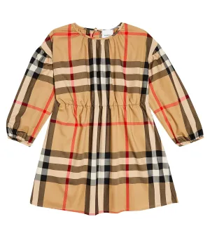 Burberry Kids Cotton Blend Plaid Dress, Beige