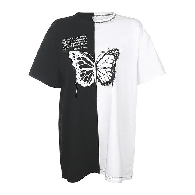 Casual Loose Plus Size Butterfly Pattern Hip Hop Streetwear Outfits Short Sleeve Long Tees