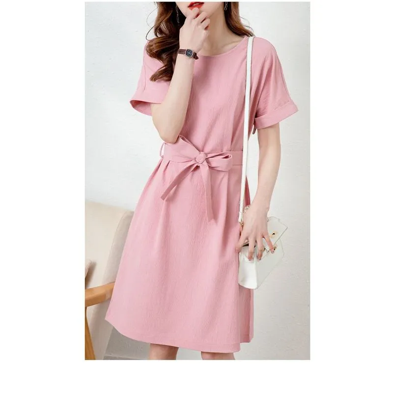 Chic Tie-Up Belted Pink Bow Tie Solid Color Dress