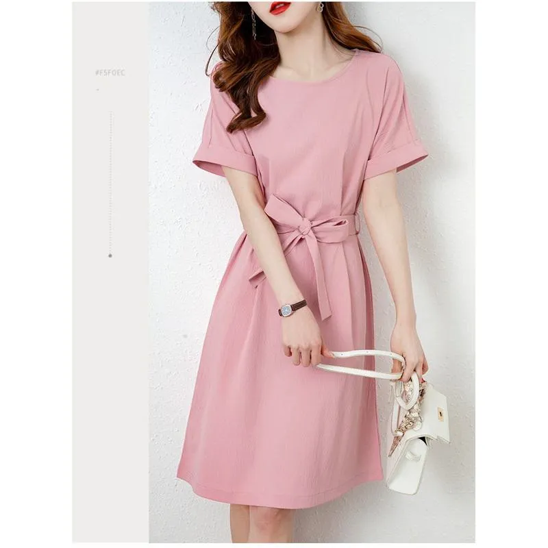 Chic Tie-Up Belted Pink Bow Tie Solid Color Dress