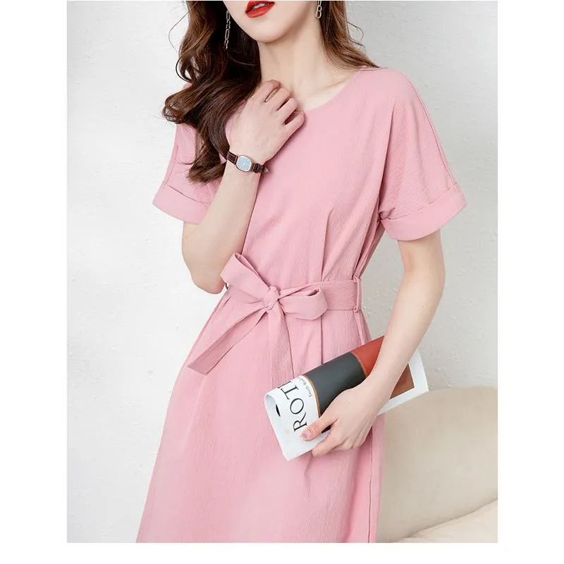 Chic Tie-Up Belted Pink Bow Tie Solid Color Dress