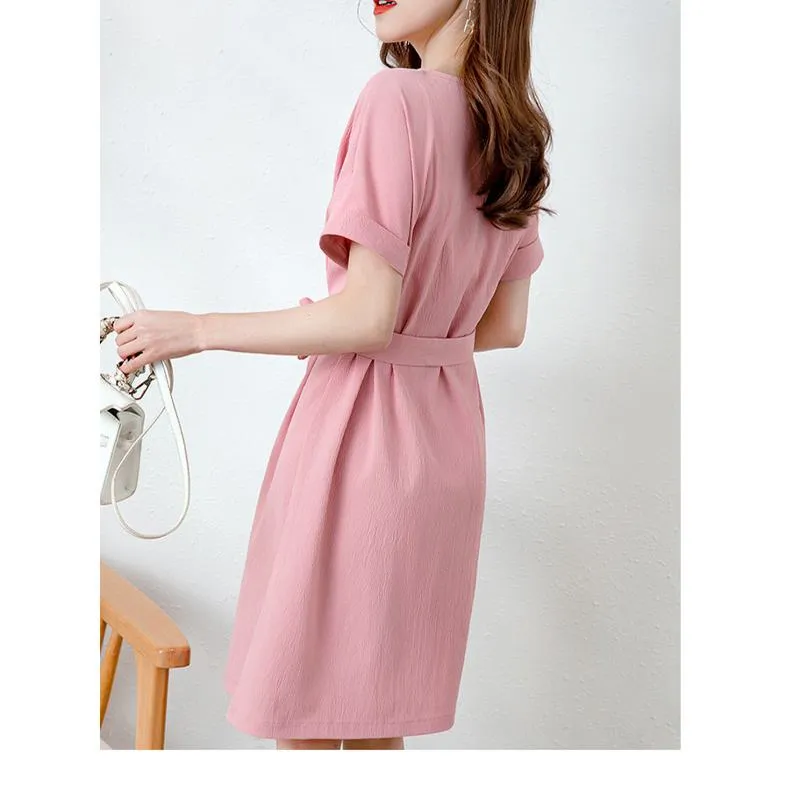 Chic Tie-Up Belted Pink Bow Tie Solid Color Dress