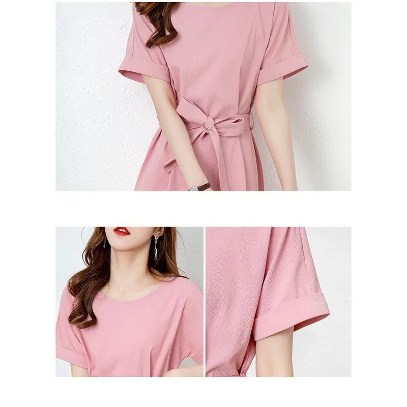 Chic Tie-Up Belted Pink Bow Tie Solid Color Dress