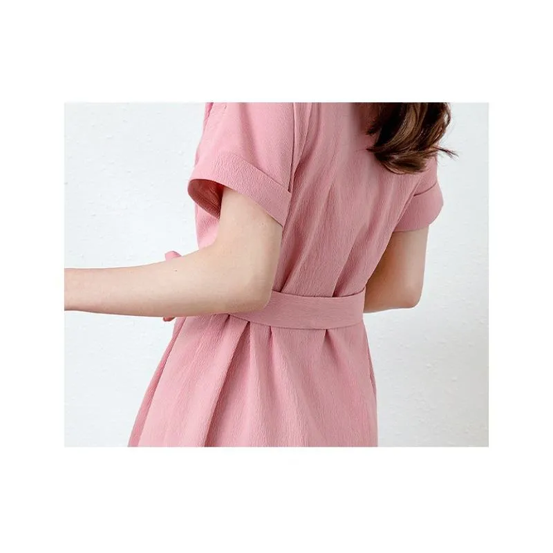 Chic Tie-Up Belted Pink Bow Tie Solid Color Dress