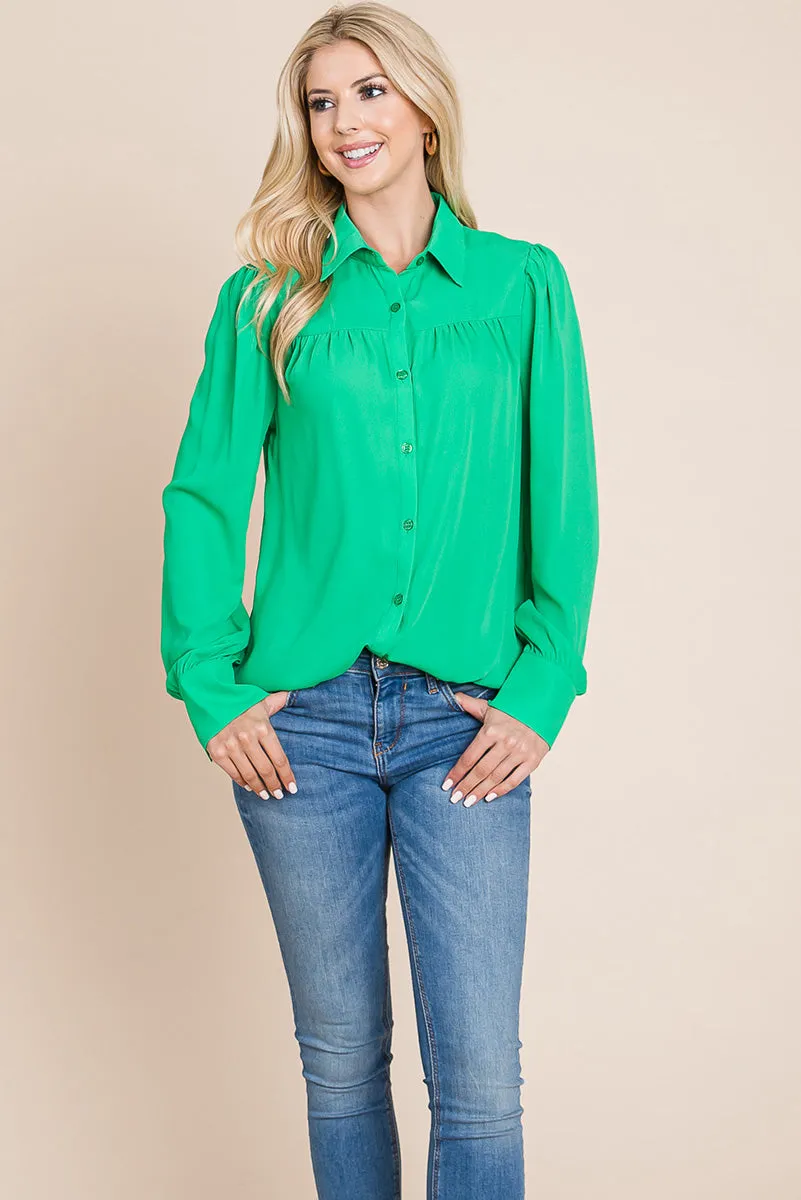 Collared Long Sleeve Pleated Detail Blouse Tops