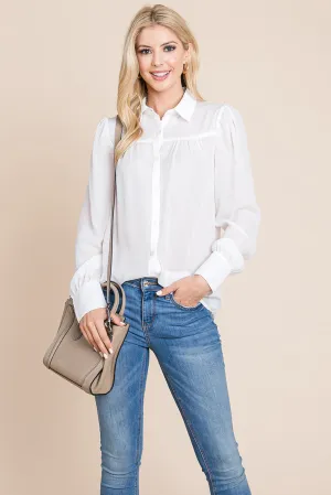 Collared Long Sleeve Pleated Detail Blouse Tops