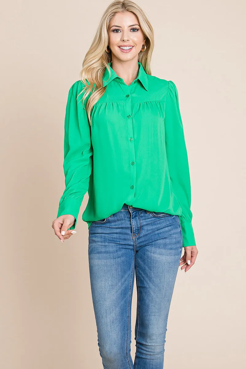 Collared Long Sleeve Pleated Detail Blouse Tops