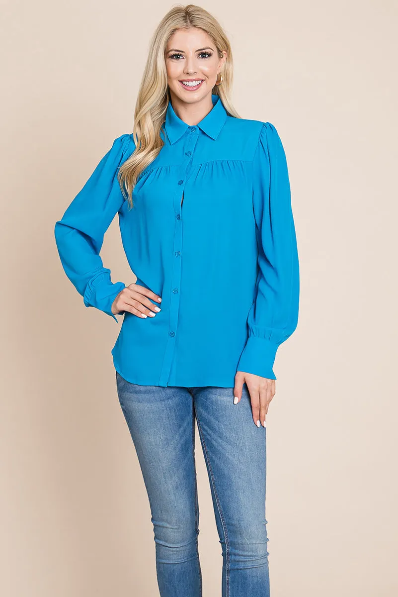 Collared Long Sleeve Pleated Detail Blouse Tops