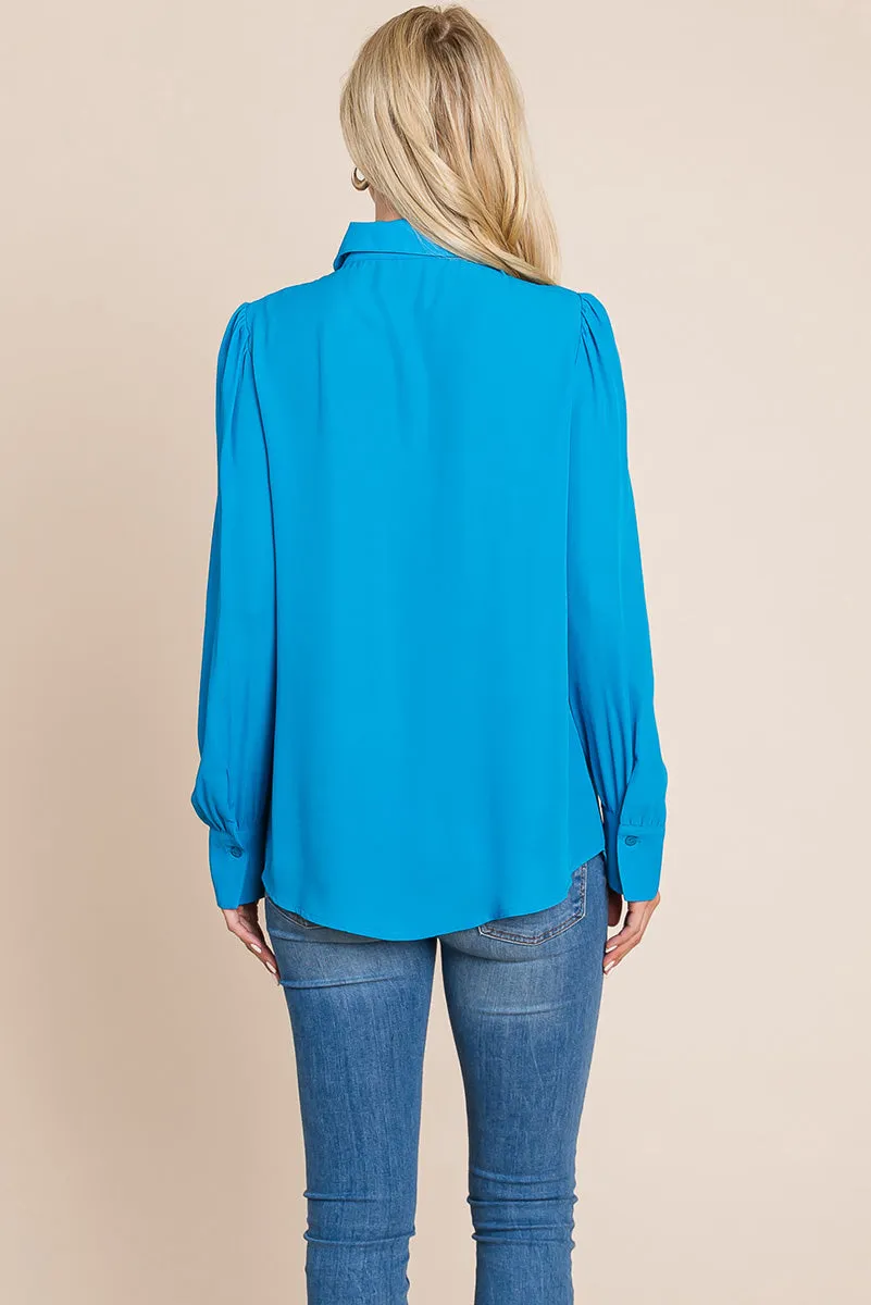 Collared Long Sleeve Pleated Detail Blouse Tops