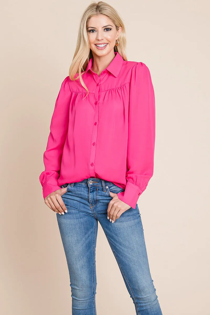 Collared Long Sleeve Pleated Detail Blouse Tops