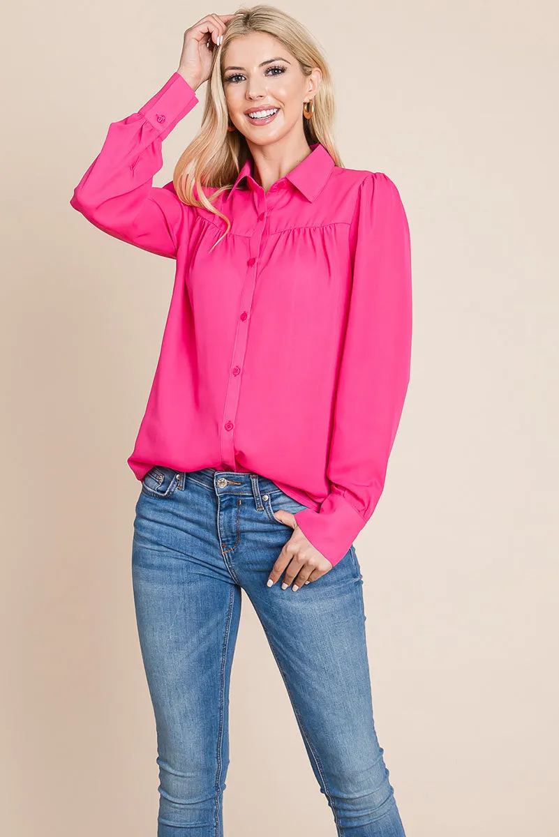 Collared Long Sleeve Pleated Detail Blouse Tops