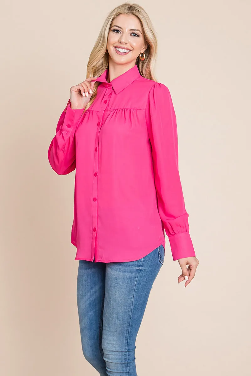 Collared Long Sleeve Pleated Detail Blouse Tops