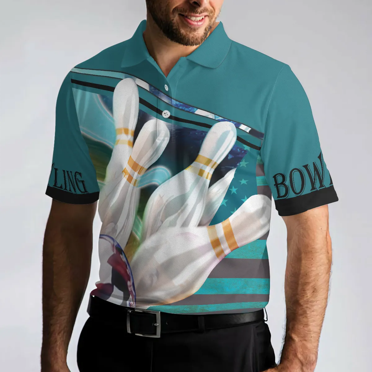 Coolspod 3D All Over Print Love Bowling Polo Shirt, Blue American Flag Bowling Shirt For Him, Bowling Shirt