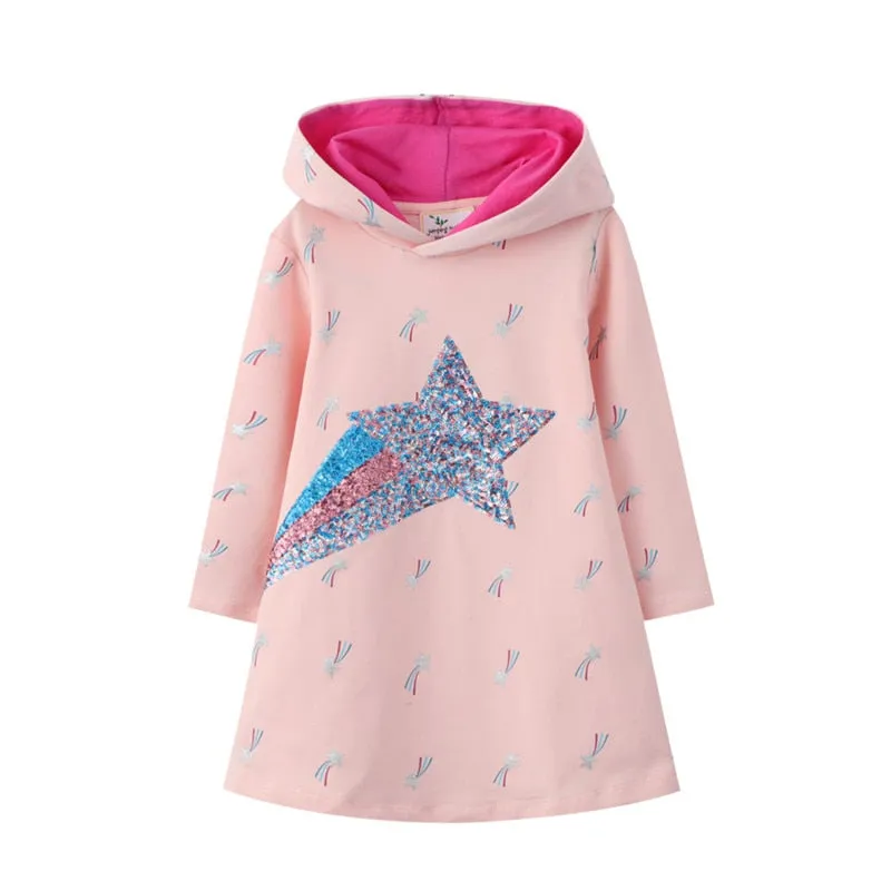 Cotton Hooded Stylish Long Sleeved Girls Dress