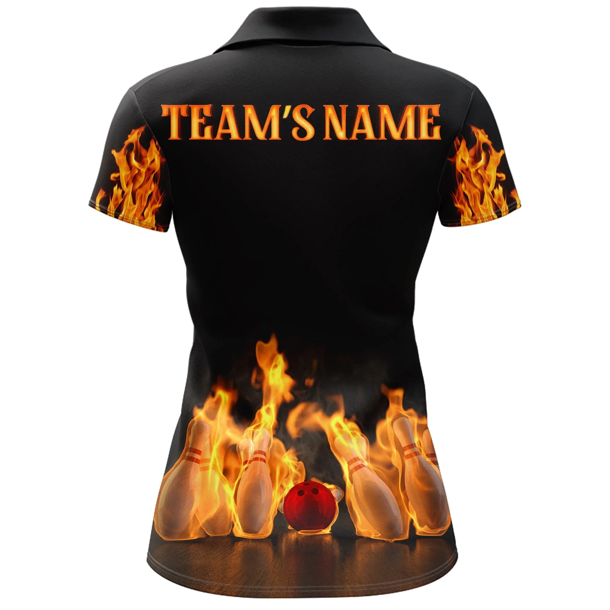 Custom Fire Bowling Shirt for Women Flame Bowling Polo with Name, Bowling Ladies Polo Shirt