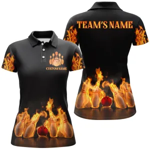 Custom Fire Bowling Shirt for Women Flame Bowling Polo with Name, Bowling Ladies Polo Shirt