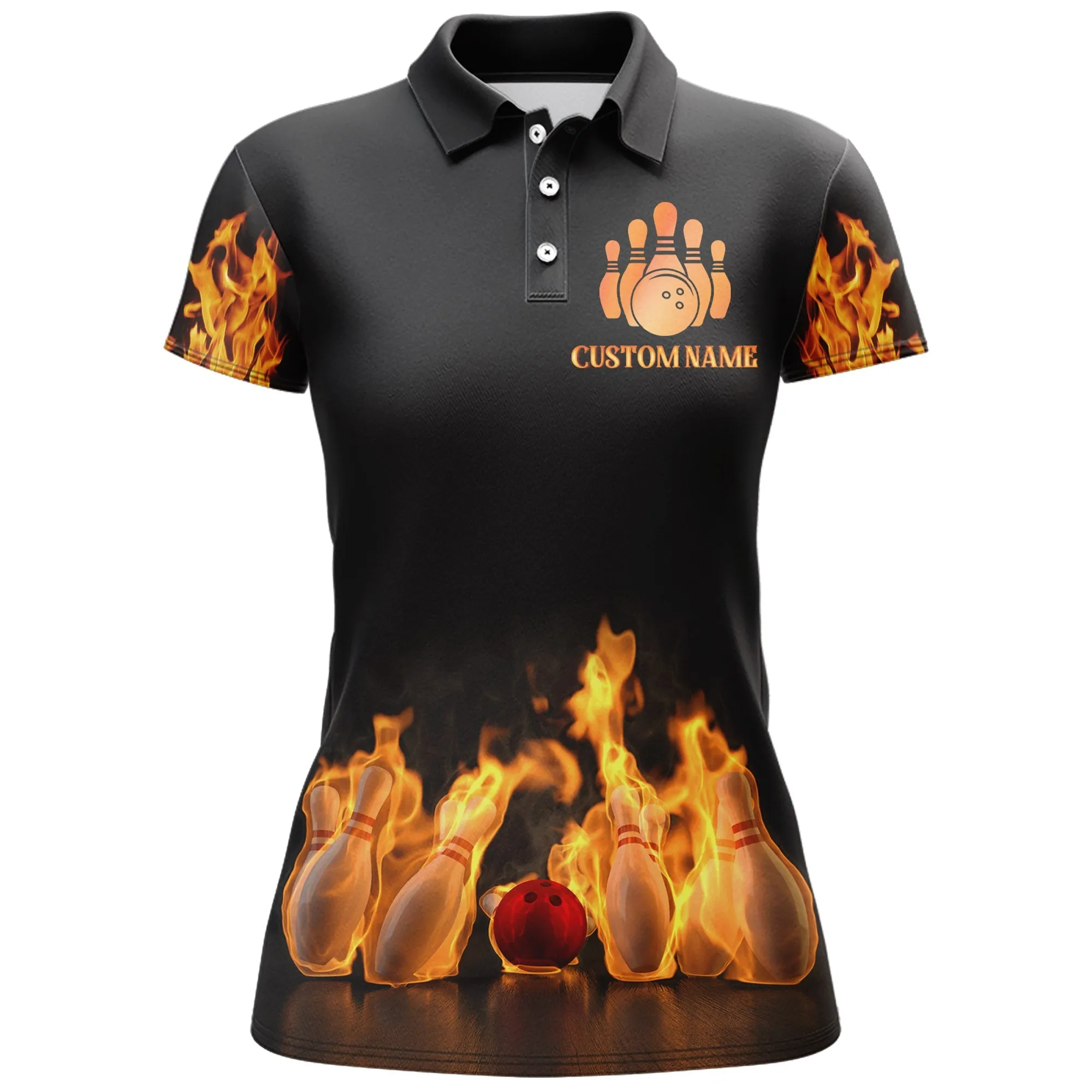 Custom Fire Bowling Shirt for Women Flame Bowling Polo with Name, Bowling Ladies Polo Shirt