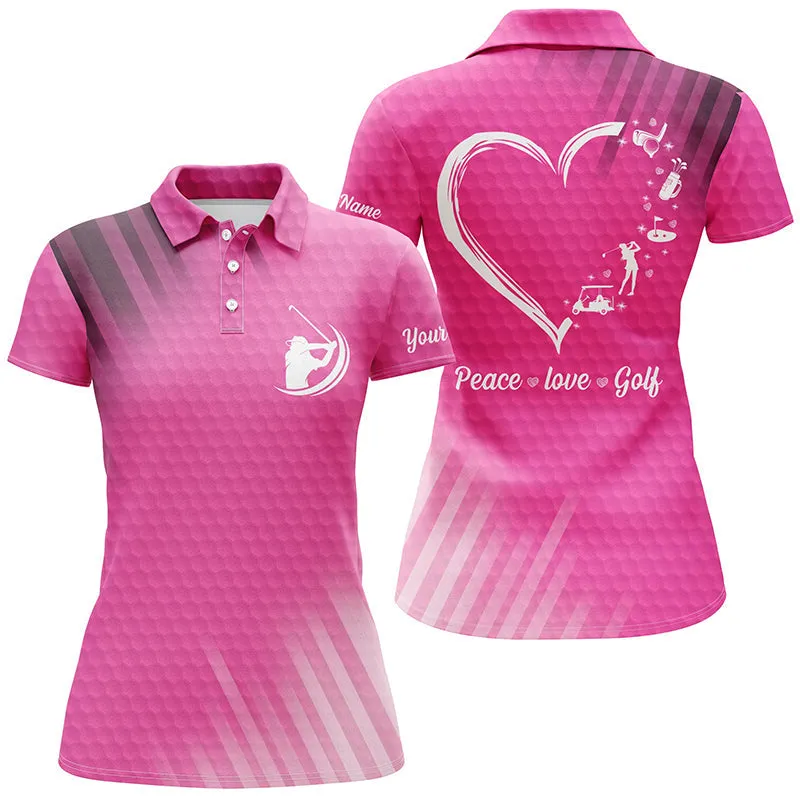 Custom Name Multi-Color Heart Women Golf Polo Shirts Peace Love Golf, Personalized Best Women Golf Shirts