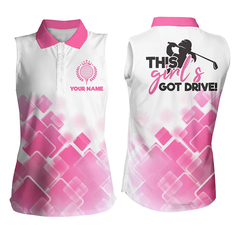 Custom Name Pink Pattern Golf Shirts For Women, Women Sleeveless Polo Shirt This Girl's Got Drive