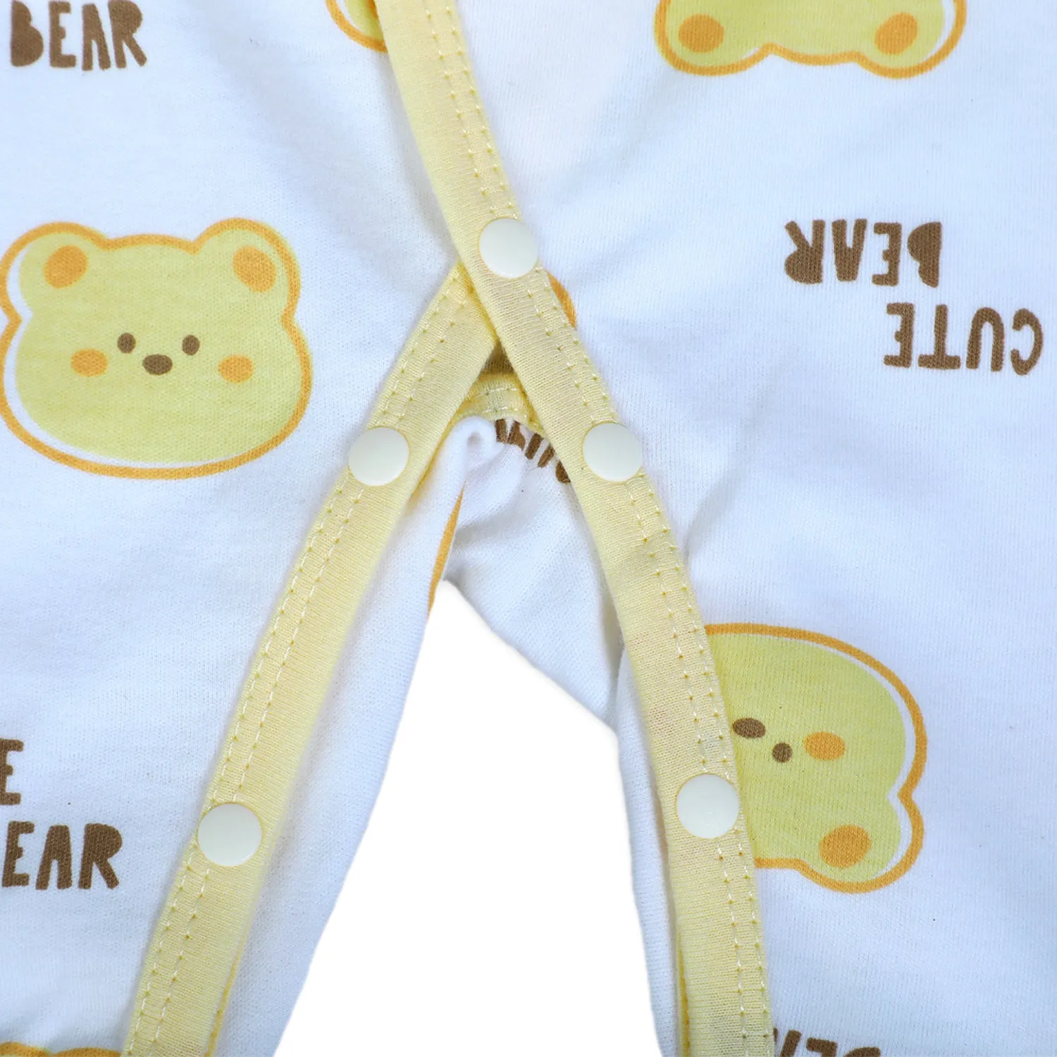 Cute Bear Full Sleeves One-Piece Body Suit With Snap Buttons Tie Knot And Matching Bib - Yellow