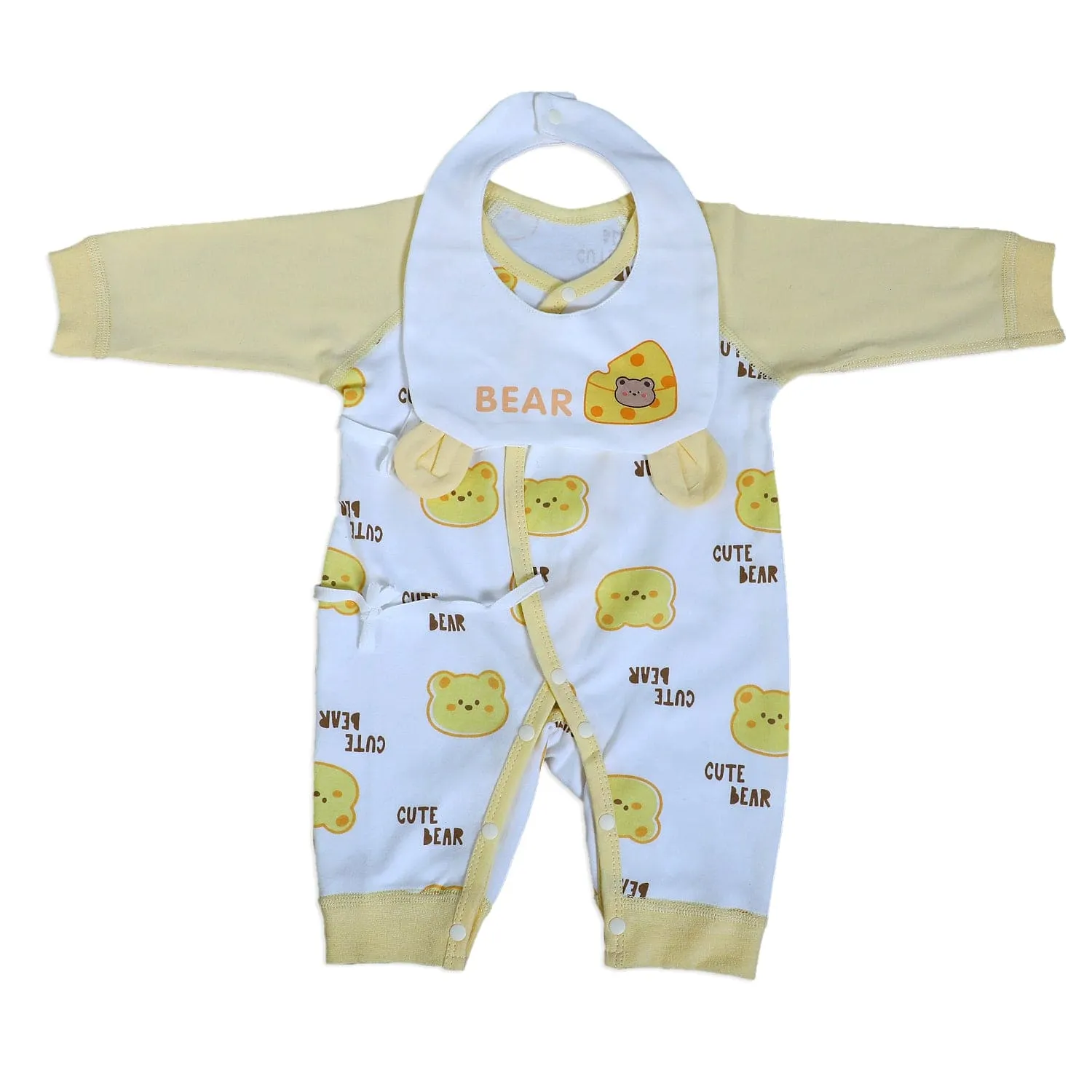 Cute Bear Full Sleeves One-Piece Body Suit With Snap Buttons Tie Knot And Matching Bib - Yellow