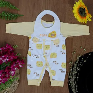 Cute Bear Full Sleeves One-Piece Body Suit With Snap Buttons Tie Knot And Matching Bib - Yellow