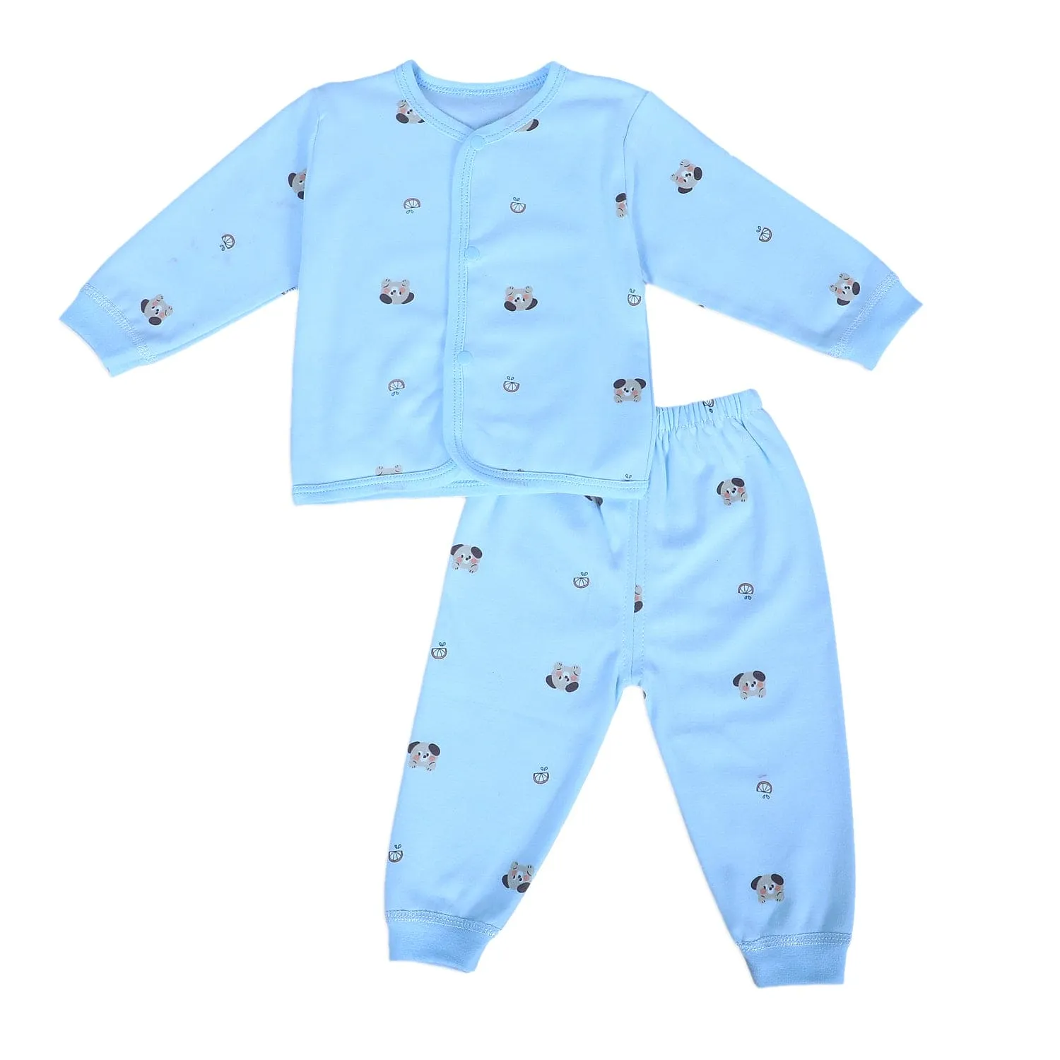 Cute Puppy Full Sleeves 2 Piece Buttoned Pyjama Set Night Suit - Blue