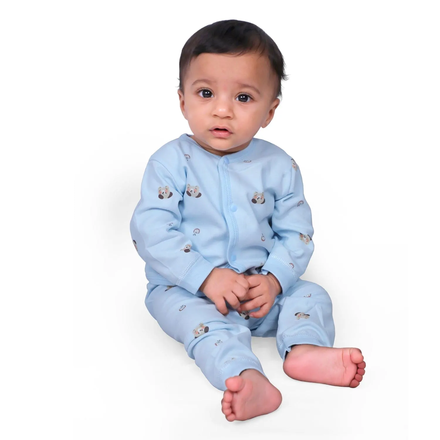 Cute Puppy Full Sleeves 2 Piece Buttoned Pyjama Set Night Suit - Blue