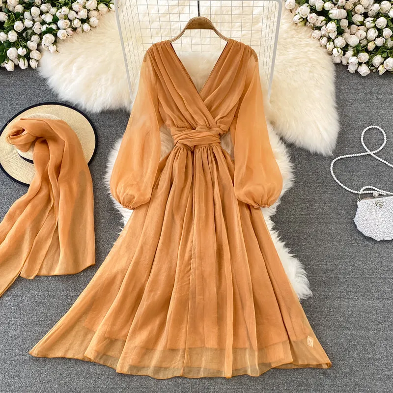 Cute v neck soft chiffon dress fashion girl dress and scarf     S274