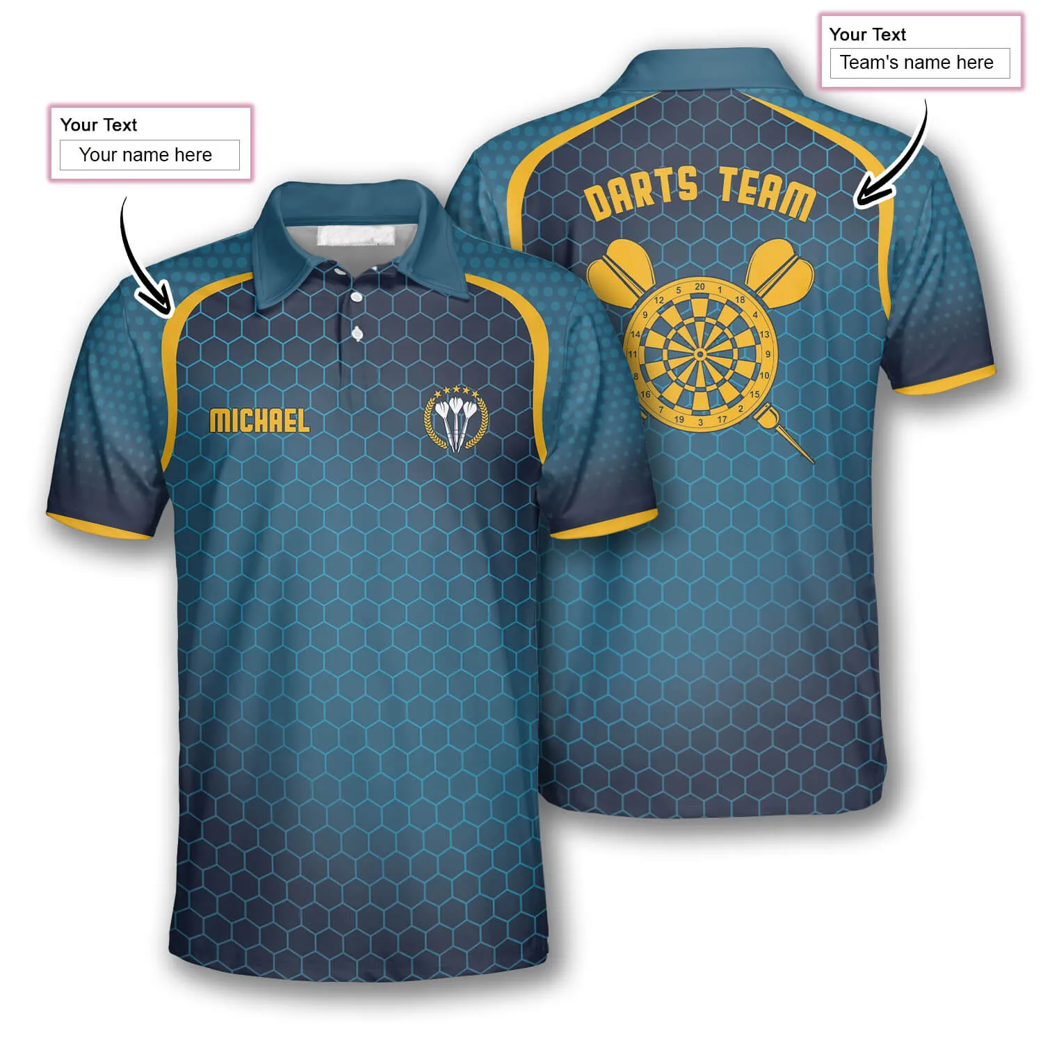 Darts Honeycomb Pattern Yellow Blue Custom Polo Shirts for Men